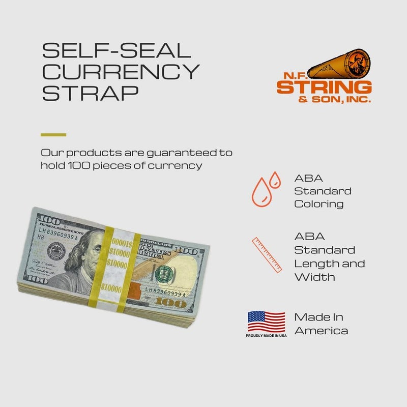 N. F. String & Son, Inc. Self-Sealing Currency Straps, Cash Handling Bill Wrappers 1000 PCS/Pack, 7.75 x 1.25 ($10000/Mustard - 1000 PCS) - Image 2